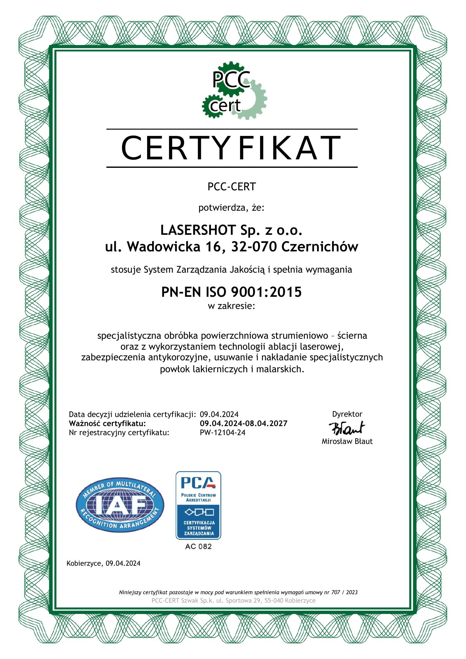 Certyfikat Lasershot QMS
